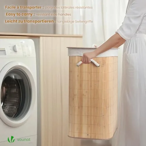 VOUNOT ▫️ ® Cesto dobrável para roupa suja, cesto de bambu com tampa e 2 sacos laváveis removíveis, retangular, 72 L, para lavandaria, casa de banho, quarto 6