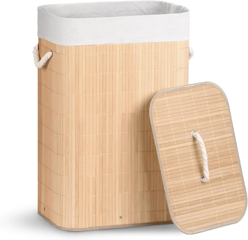 VOUNOT ▫️ ® Cesto dobrável para roupa suja, cesto de bambu com tampa e 2 sacos laváveis removíveis, retangular, 72 L, para lavandaria, casa de banho, quarto