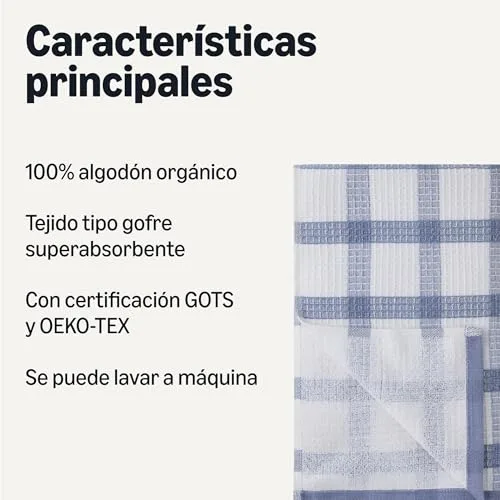 Amazon Basics ▫️ Panos de cozinha 100% algodão orgânico com textura acetinada – ultraabsorventes, de secagem rápida, sem fiapos, 38 x 64 cm, embalagem de 6 (conjunto sortido em azul-marinho e branco) 2