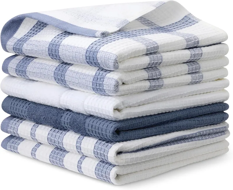 Amazon Basics ▫️ Panos de cozinha 100% algodão orgânico com textura acetinada – ultraabsorventes, de secagem rápida, sem fiapos, 38 x 64 cm, embalagem de 6 (conjunto sortido em azul-marinho e branco)