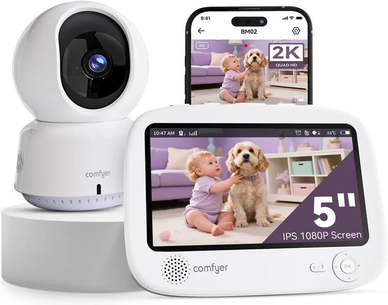 Comfyer ▫️ Vídeo Híbrido Sem WiFi&Smart WiFi Baby Monitor para Bebé-5" 1080P Split Screen& 2K Camera App Control,Alerta de Movimento,Deteção de Som,Visão Nocturna HD,Bateria 5050mAh,Segurança Tripla,500M