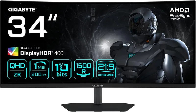 Gigabyte Technology ▫️ Monitor de jogos curvo Gigabyte GS27QCA de 27" com resolução QHD - 2560 x 1440, 180 Hz, 1 ms, 250 cd/m², FreeSync, compatível com HDR, HDMI 2.0, DisplayPort 1.4