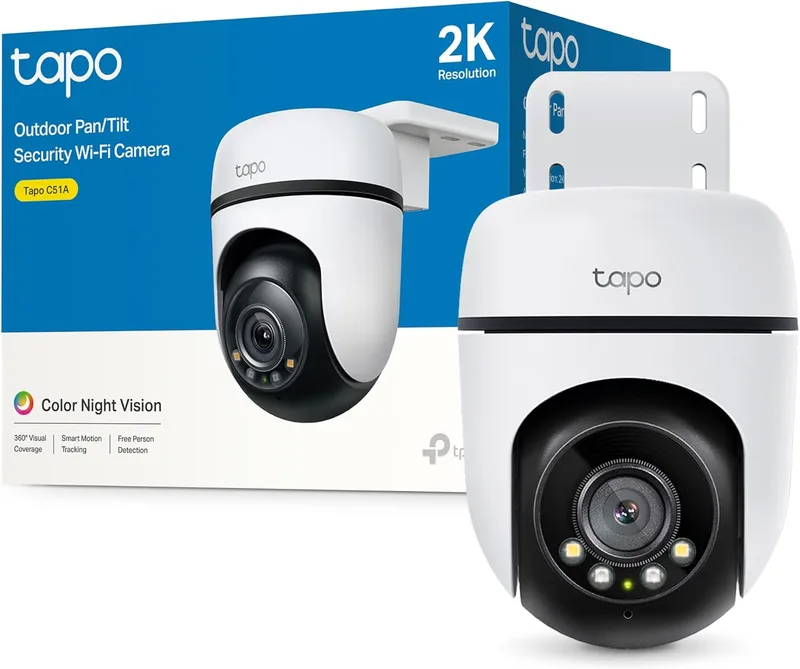 Tapo ▫️ C51A - Câmara de vigilância Wi-Fi para exterior 360°, visão nocturna a cores 2k (3 MP), deteção de pessoas AI com seguimento inteligente do movimento IP65