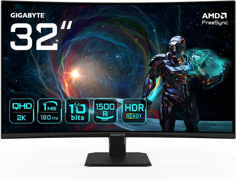 Gigabyte Technology ▫️ Monitor Curvo Gaming GIGABYTE GS32QCA 31.5" QHD - 2560 x 1440, 180Hz, 1ms, 250 CD/m², FreeSync, HDR Ready, HDMI 2.0, DisplayPort 1.4