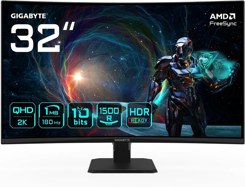 Gigabyte Technology ▫️ Monitor curvo para jogos GIGABYTE GS32QCA de 31,5" com resolução QHD - 2560 x 1440, 180 Hz, 1 ms, 250 cd/m², FreeSync, compatível com HDR, HDMI 2.0, DisplayPort 1.4