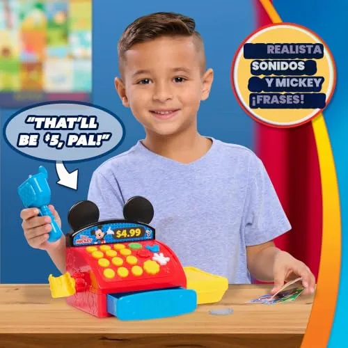 Just Play ▫️ Disney Jr. Micky Mouse Clubhouse Caixa Registradora com Sons, Frases e Dinheiro de Brincar, 10 peças, desenvolve competências matemáticas básicas, brinquedo para crianças a partir dos 3 anos, 3