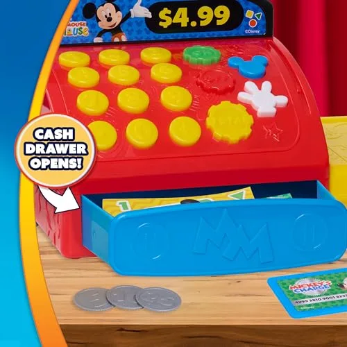 Just Play ▫️ Disney Jr. Micky Mouse Clubhouse Caixa Registradora com Sons, Frases e Dinheiro de Brincar, 10 peças, desenvolve competências matemáticas básicas, brinquedo para crianças a partir dos 3 anos, 4