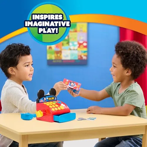 Just Play ▫️ Disney Jr. Micky Mouse Clubhouse Caixa Registradora com Sons, Frases e Dinheiro de Brincar, 10 peças, desenvolve competências matemáticas básicas, brinquedo para crianças a partir dos 3 anos, 5