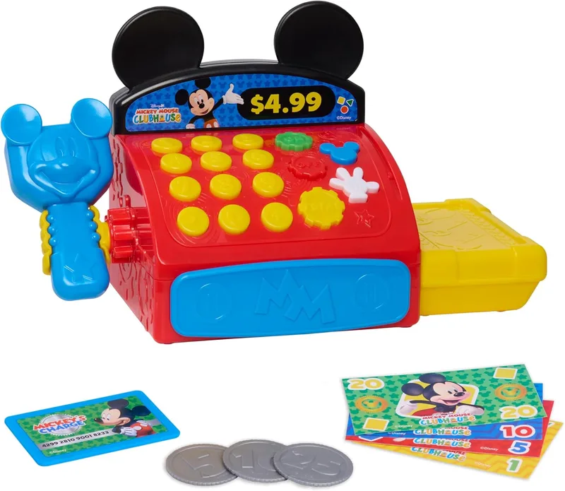Just Play ▫️ Disney Jr. Micky Mouse Clubhouse Caixa Registradora com Sons, Frases e Dinheiro de Brincar, 10 peças, desenvolve competências matemáticas básicas, brinquedo para crianças a partir dos 3 anos,