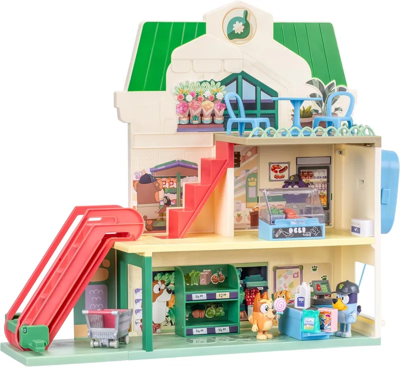 Bluey Supermarket Play Set, 3 andares com figuras exclusivas de Bingo, inclui escada rolante, 24 sons, mais de 15 peças de jogo e um intercomunicador, altura superior a 40 cm