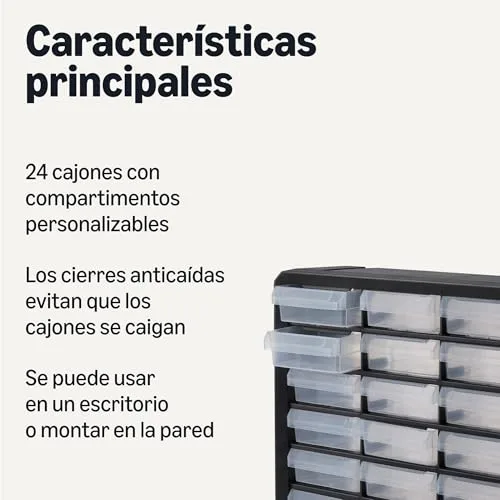 Amazon Basics ▫️ Gaveteiro organizador, 24 compartimentos de plástico com divisórias para escritório/artesanato/ferramentas, montagem na parede, 16 x 54,1 x 40,1 cm, preto 3