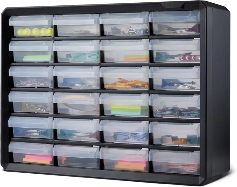 Amazon Basics ▫️ Gaveteiro organizador, 24 compartimentos de plástico com divisórias para escritório/artesanato/ferramentas, montagem na parede, 16 x 54,1 x 40,1 cm, preto