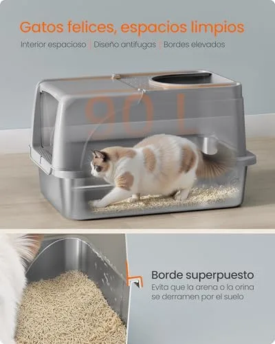 FEANDREA ▫️ Arena Gato, de aço inoxidável para gatos com tampa basculante, cinzento-pomba 4
