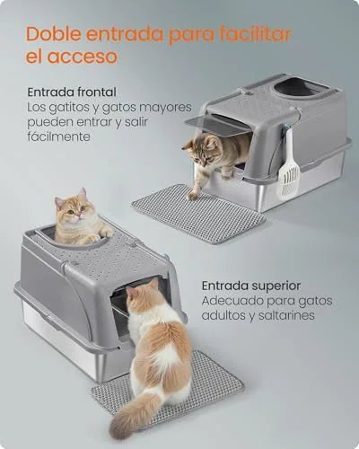 FEANDREA ▫️ Arena Gato, de aço inoxidável para gatos com tampa basculante, cinzento-pomba 5