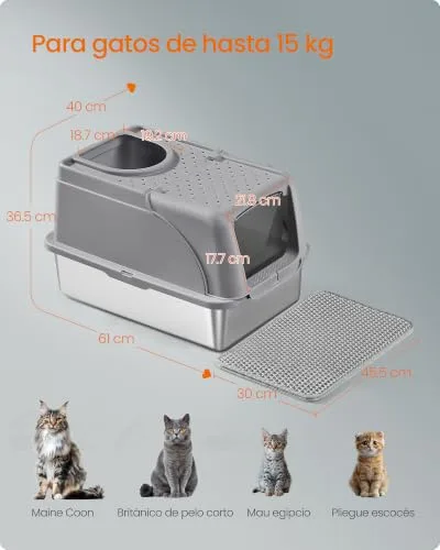FEANDREA ▫️ Arena Gato, de aço inoxidável para gatos com tampa basculante, cinzento-pomba 6