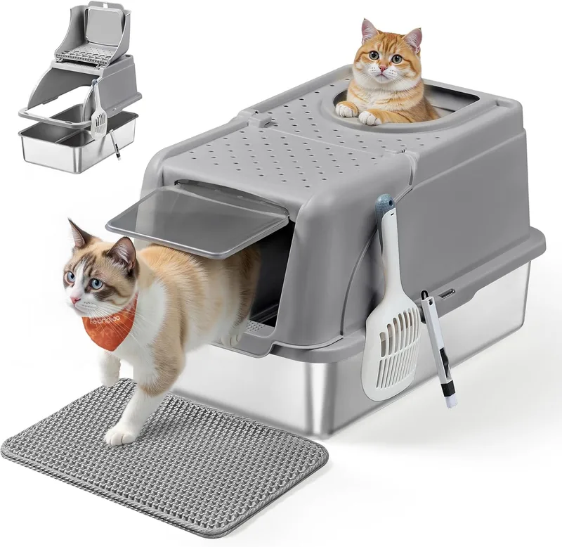 FEANDREA ▫️ Arena Gato, de aço inoxidável para gatos com tampa basculante, cinzento-pomba