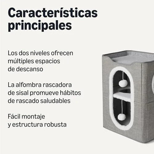 Amazon Basics ▫️ Casa para gatos de 2 andares para gatos de interior, casinha coberta para gatos com arranhador e bola de esponja, casas dobráveis em forma de cubo para gatos, 43,2 x 35,6 x 57,2 cm, cinzento 2