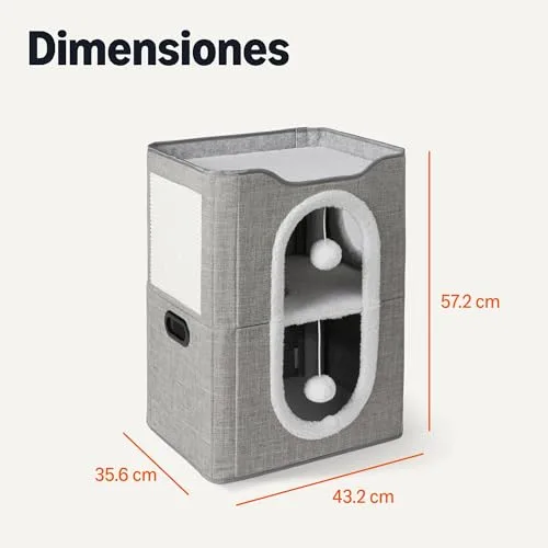 Amazon Basics ▫️ Casa para gatos de 2 andares para gatos de interior, casinha coberta para gatos com arranhador e bola de esponja, casas dobráveis em forma de cubo para gatos, 43,2 x 35,6 x 57,2 cm, cinzento 5