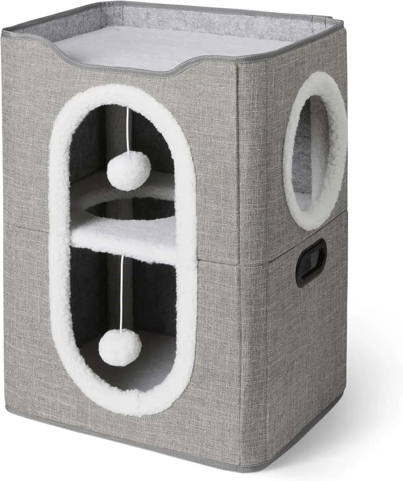 Amazon Basics ▫️ Casa para gatos de 2 andares para gatos de interior, casinha coberta para gatos com arranhador e bola de esponja, casas dobráveis em forma de cubo para gatos, 43,2 x 35,6 x 57,2 cm, cinzento