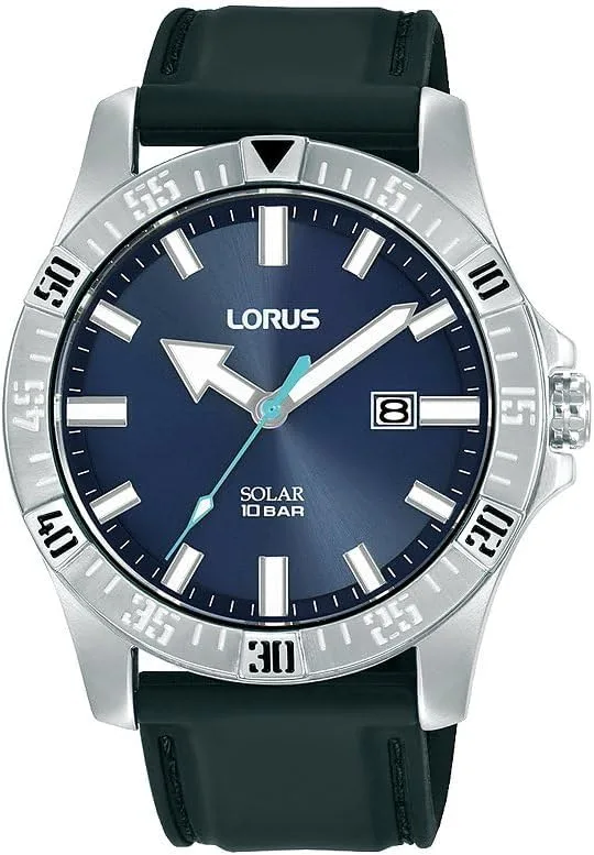 Lorus ▫️ Relógio solar de aço inoxidável para homem com bracelete de silicone RX383AX9, Prateado, Bracelete