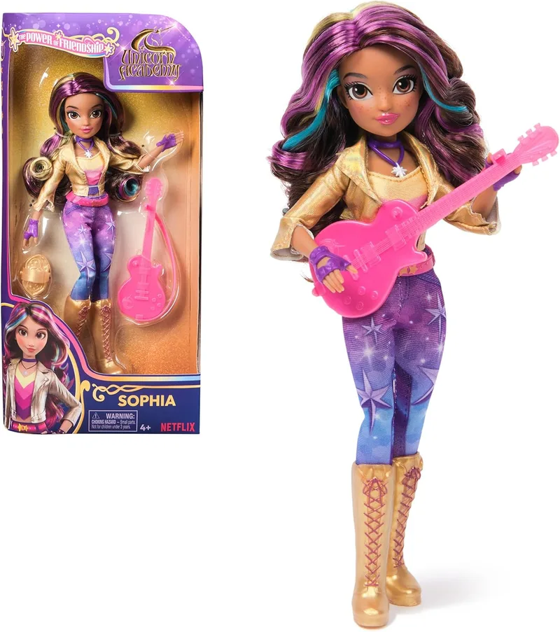Unicorn Academy ▫️ boneca Sophia Power of Friendship com guitarra e 6 acessórios, bonecas e unicórnios de 24 cm para raparigas a partir dos 4 anos