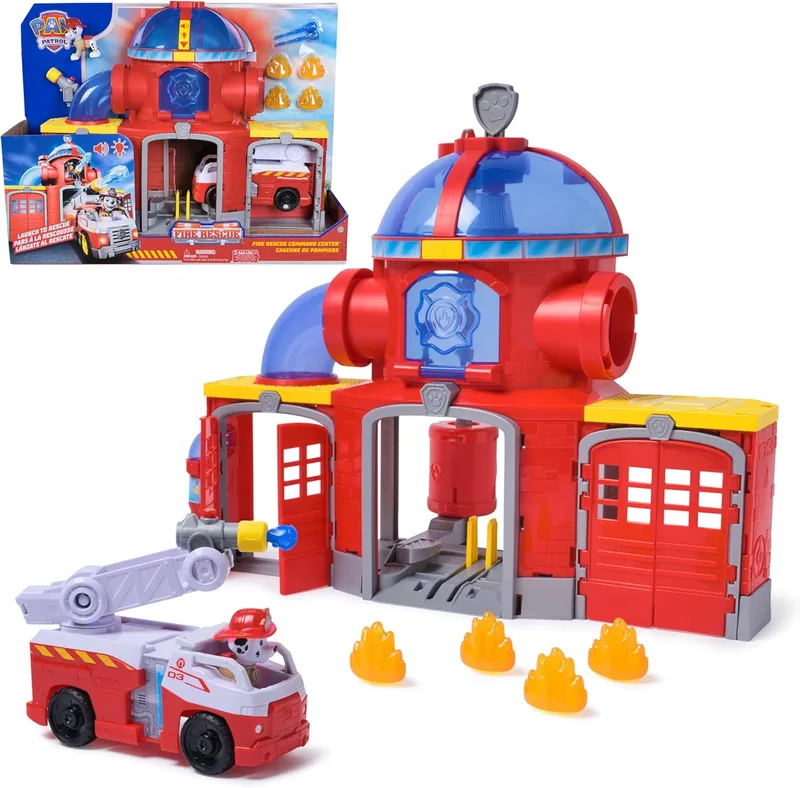 Paw Patrol Fire Rescue - Quartel de bombeiros com lançador de projécteis, efeitos sonoros e luminosos, figura do cão Marshall e carro de bombeiros, brinquedo para crianças a partir dos 3 anos
