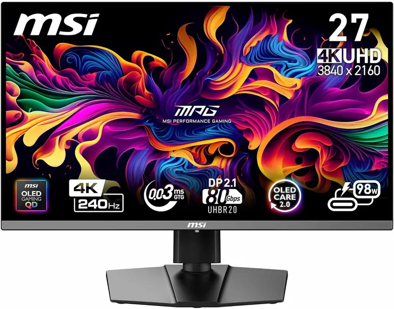 MSI ▫️ MPG 272URX QD-OLED 26.5" 4K UHD Gaming Monitor - Painel OLED 3840 x 2160 Pontos Quânticos, EL Gen3, 240Hz / 0.03ms, 99% DCI-P3, ΔE≤2, DisplayHDR True Black 400, KVM, DP 2.1a, HDMI 2.1, USB Type-C