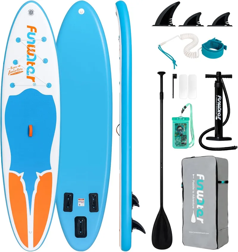 FunWater ▫️ Prancha de surf insuflável para praticar de pé, SUP com remo ajustável, bomba, mochila de viagem, correia de segurança e capa impermeável para telemóvel