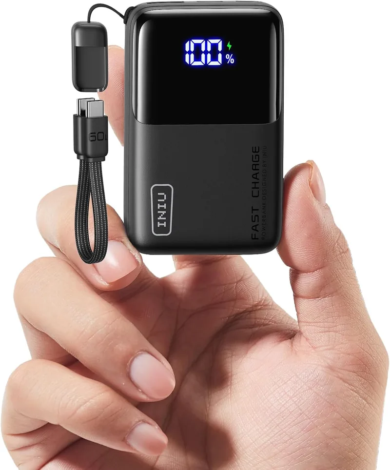 INIU ▫️ Banco de potência bateria externa de 10000mAh de carregamento rápido Ultra Mini 45W com cabo USB C amovível, adequada para aviões e viagens essenciais, bateria portátil para iPhone 17 16 Samsung S22 iPad Xiaomi etc.