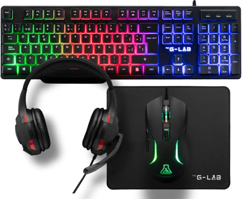The G-Lab ▫️ Combo Sulfur - Pacote de Gaming 4 em 1: Teclado, Rato e Auscultadores QWERTY ES | Teclado de Gaming + Rato de 3600 DPI + Auscultadores de Gaming + Tapete Antiderrapante, Compatível com PC/PS4/PS5/Xbox