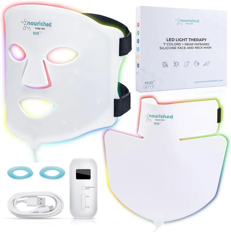 Nourished Bodynskin ▫️ Máscara facial e de pescoço LED de 7 cores com infravermelhos próximos - Terapia de luz azul e vermelha para o rosto - 912 LED - Ferramenta de cuidados da pele anti-envelhecimento