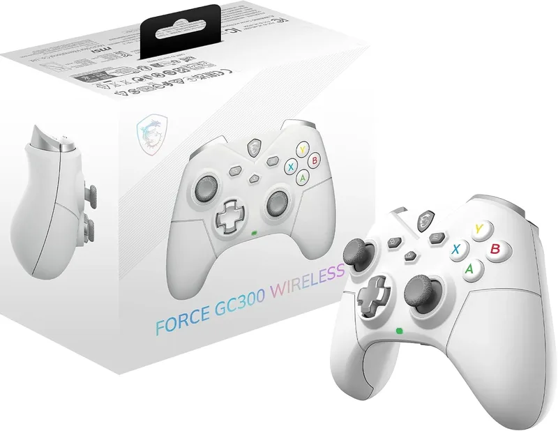 MSI ▫️ FORCE GC300 WIRELESS WHITE Comando sem fios para PC, 2,4 GHz, Bluetooth, USB Tipo C para A, bateria com autonomia de 20 horas, capas intercambiáveis para o D-Pad, motores de vibração duplos
