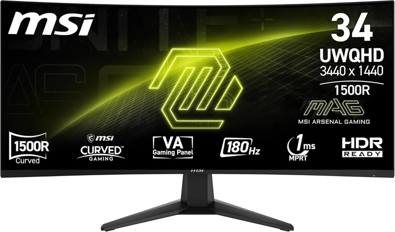MSI ▫️ mag 346CQ - Monitor 34" UWQHD, 3440 x 1440, 1500R, Monitor para jogos, VA, 180Hz,1ms, HDR Ready, Eye Care, HDMI 2.0b, DP 1.4a, Sem moldura, Inclinação ajustável, Montagem VESA, Preto