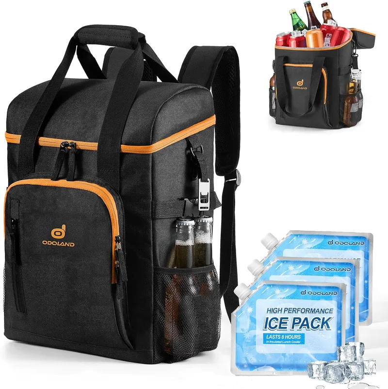 Odoland ▫️ 22L Cooler Bag com 3 sacos de gelo - Mochila térmica isolada para 30 latas, à prova de água, com abre-garrafas, para campismo, viagens, piqueniques e pesca