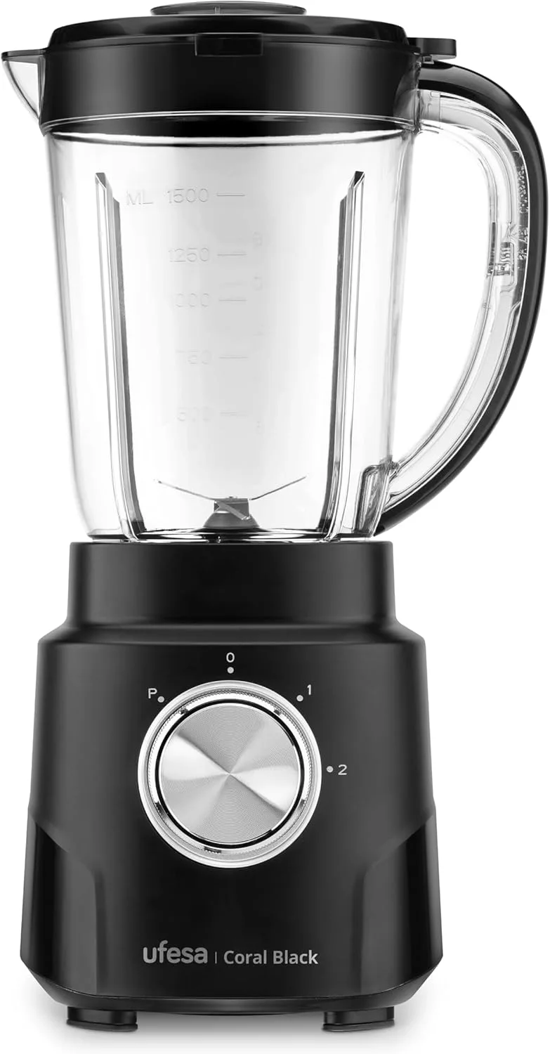 Ufesa ▫️ Coral Black Glass Blender, 600W de potência, jarro de 1,5L, 4 lâminas amovíveis em aço inoxidável, 2 velocidades + TURBO