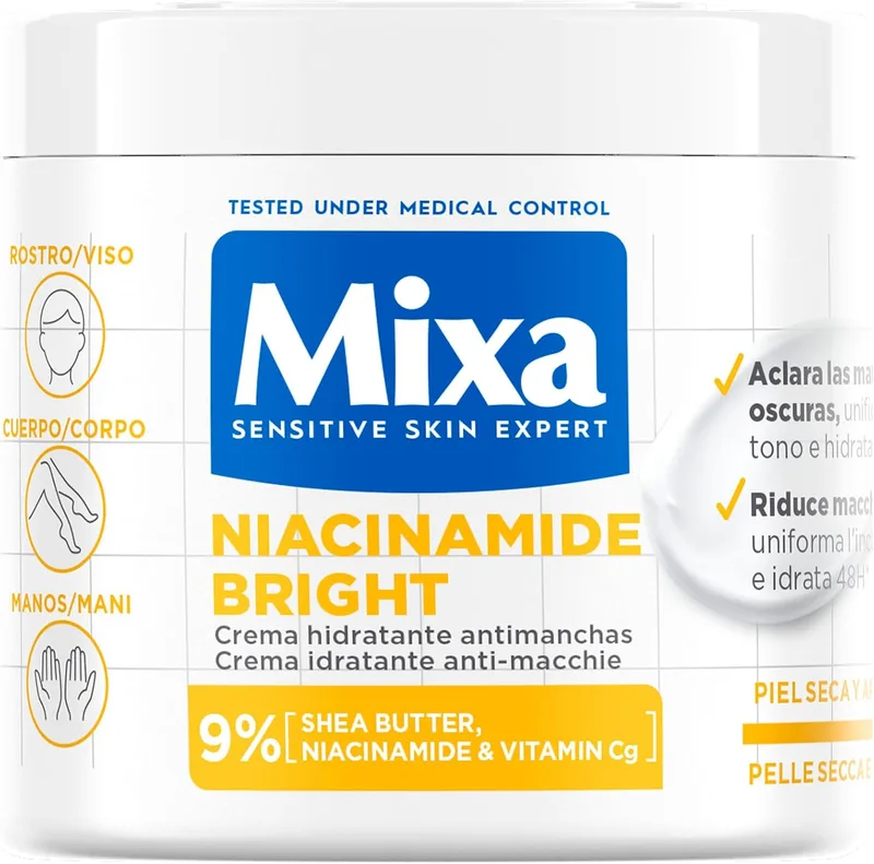 Mixa ▫️ Niacidamide Bright Body Cream para peles baças com 9% [Manteiga de Karité + Niacinamida + Vitamina Cg]. Ilumina as manchas escuras. Indicado para peles sensíveis. 400 ml.
