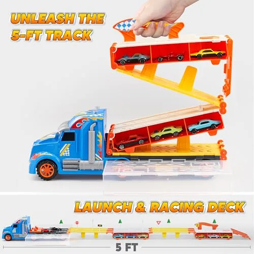 JOYIN ▫️ Caminhões de brincar para crianças, 12 veículos de brincar em metal fundido por injeção com 2 lançadores, brinquedo dobrável Street Racer com luzes e sons, presente para crianças a partir dos 3 anos 2