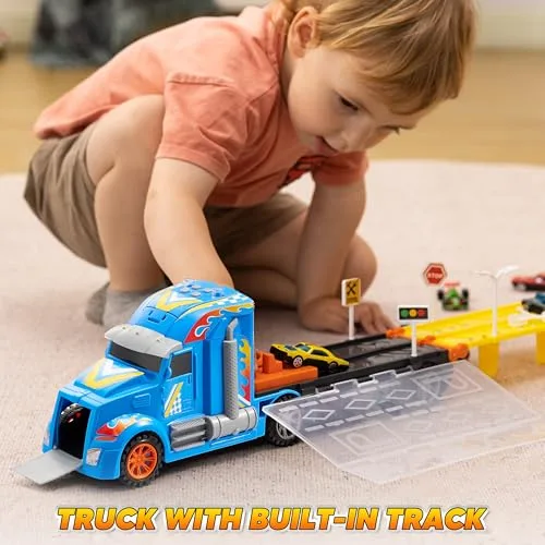 JOYIN ▫️ Caminhões de brincar para crianças, 12 veículos de brincar em metal fundido por injeção com 2 lançadores, brinquedo dobrável Street Racer com luzes e sons, presente para crianças a partir dos 3 anos 3