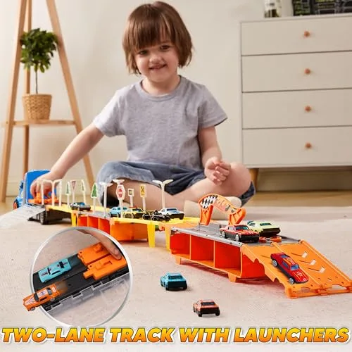 JOYIN ▫️ Caminhões de brincar para crianças, 12 veículos de brincar em metal fundido por injeção com 2 lançadores, brinquedo dobrável Street Racer com luzes e sons, presente para crianças a partir dos 3 anos 4