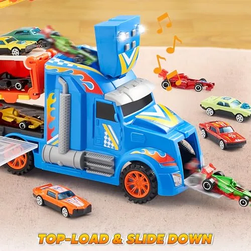 JOYIN ▫️ Caminhões de brincar para crianças, 12 veículos de brincar em metal fundido por injeção com 2 lançadores, brinquedo dobrável Street Racer com luzes e sons, presente para crianças a partir dos 3 anos 5