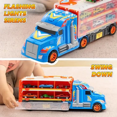 JOYIN ▫️ Caminhões de brincar para crianças, 12 veículos de brincar em metal fundido por injeção com 2 lançadores, brinquedo dobrável Street Racer com luzes e sons, presente para crianças a partir dos 3 anos 6