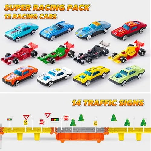 JOYIN ▫️ Caminhões de brincar para crianças, 12 veículos de brincar em metal fundido por injeção com 2 lançadores, brinquedo dobrável Street Racer com luzes e sons, presente para crianças a partir dos 3 anos 7
