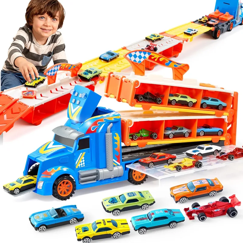 JOYIN ▫️ Caminhões de brincar para crianças, 12 veículos de brincar em metal fundido por injeção com 2 lançadores, brinquedo dobrável Street Racer com luzes e sons, presente para crianças a partir dos 3 anos
