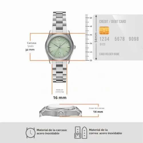 Emporio Armani ▫️ Relógio para senhora, 32 mm, movimento de quartzo com data, três ponteiros e bracelete em aço inoxidável 7