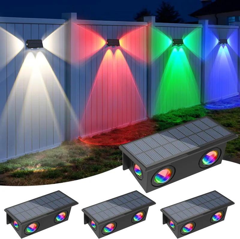 NATPOW ▫️ Aplique Solar de Parede para Exterior, Conjunto de 4 Peças de Iluminação Solar de Parede para Exterior em RGB e Branco Quente, Luzes de Parede Solares com Iluminação em Três Direções, IP65 à Prova de Água para Pátio, Cerca, Alpendre e Garagem