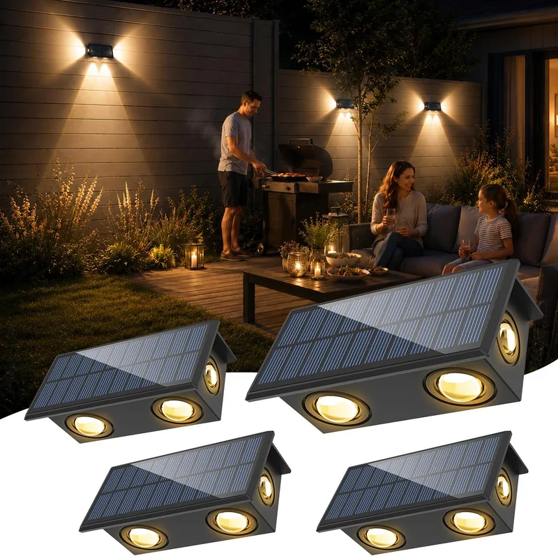 NATPOW ▫️ Aplique Solar de Parede para Exterior, Conjunto de 4 Peças de Iluminação Solar de Parede para Exterior em Branco Quente, Luminárias Solares de Parede com Iluminação em Três Direções, IP65 à Prova de Água para Pátio, Cerca, Alpendre e Garagem
