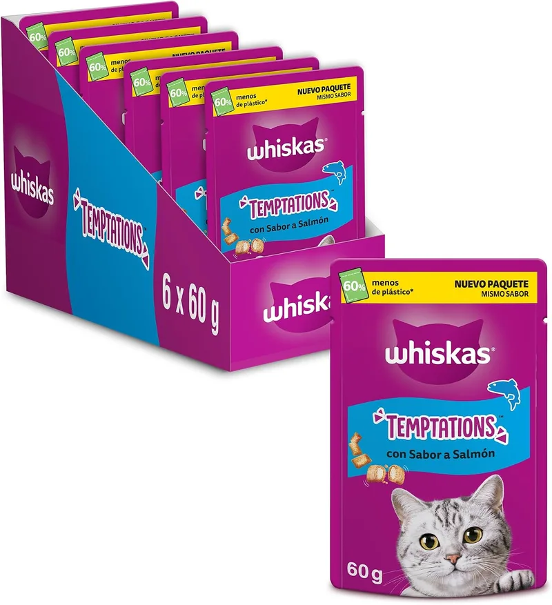 Whiskas ▫️ Temptations Guloseimas para Gatos com Sabor a Salmão, 60 g (Embalagem de 6)
