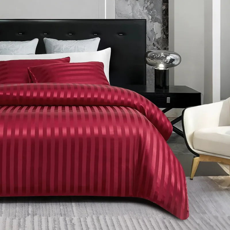 Gezu ▫️ Capa de edredão 200 x 200 cm, vermelho e cetim às riscas, conjunto de cama para adultos, 2 pessoas, roupa de cama, cetim de seda brilhante, com fecho e 2 fronhas 65 x 65 cm e 2 fronhas 65 x 65 cm.