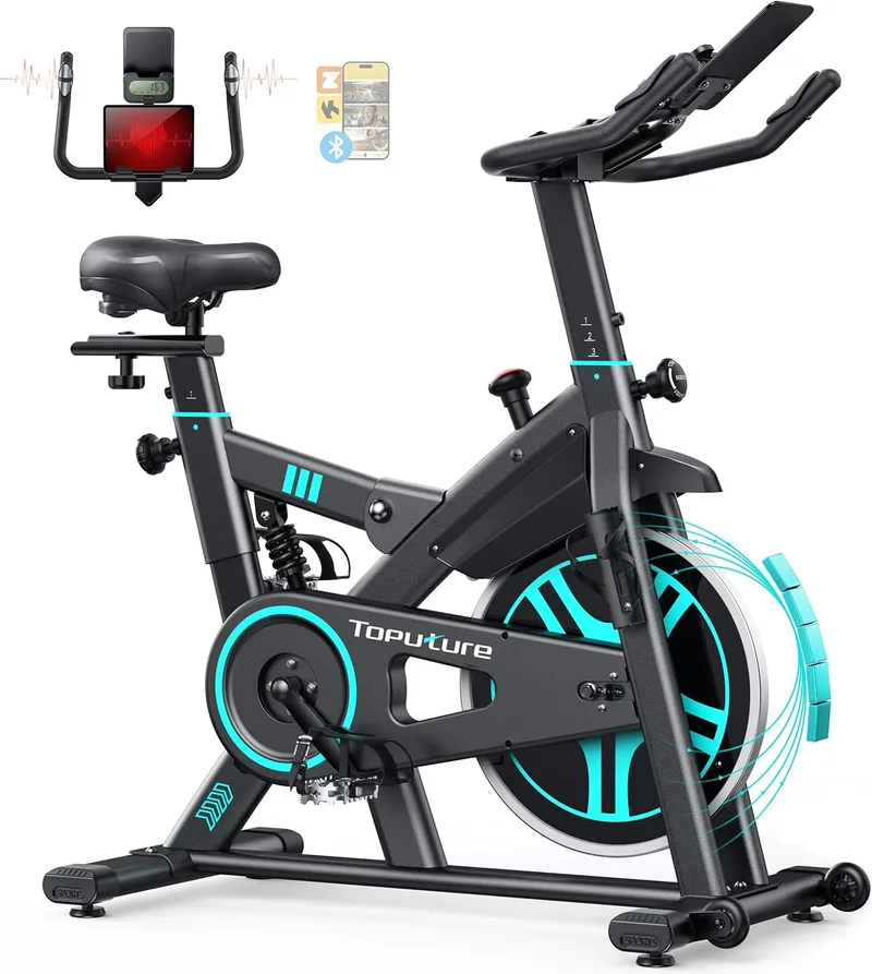 Toputure ▫️ Bicicleta ergométrica doméstica com APP e volante 15KG, mola amortecedora de absorção de choque, bicicleta giratória magnética interna, fitness doméstico e cardio, MAX 160KG