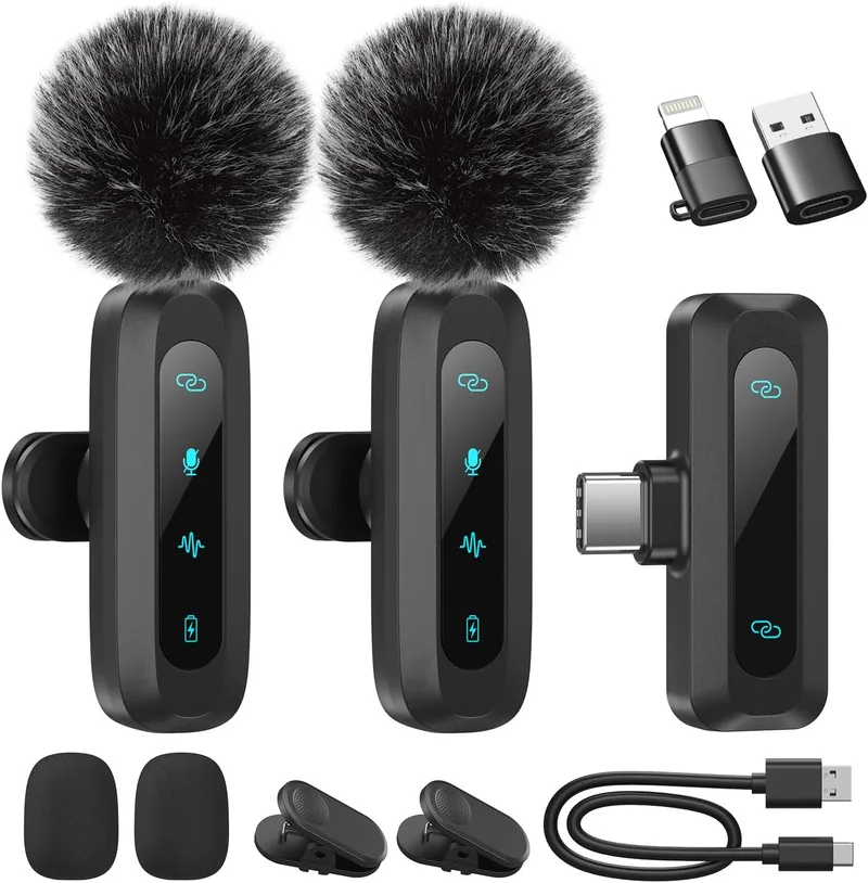 WARM BOX ▫️ Microfone Lavalier sem fios para iPhone, iPad e telemóveis Android, Conjunto de 2 mini microfones com redução de ruído (2 em 1)